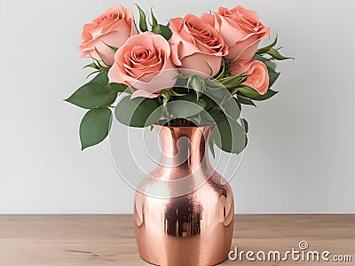 Nature's Delight: Exquisite Rose Gold Vase on a Rustic Wood Background Stock Photo