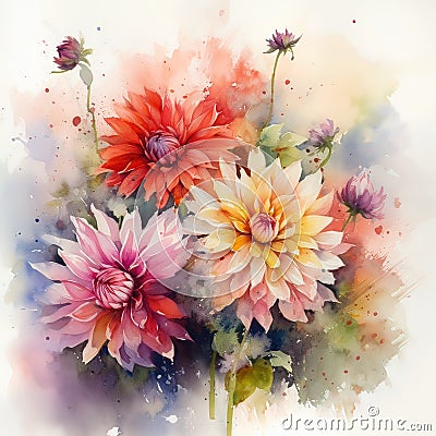 Nature's Delight: Watercolor Dahlias Bouquet in Full Bloom AI Generated Stock Photo