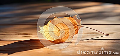 Nature's Golden Touch: A Vibrant Fall Leaf on a Sunlit Table Stock Photo