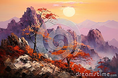 nature's grandeur with this canvas painting, featuring mountain peaks in a landscape of awe-inspiring beauty. Stock Photo