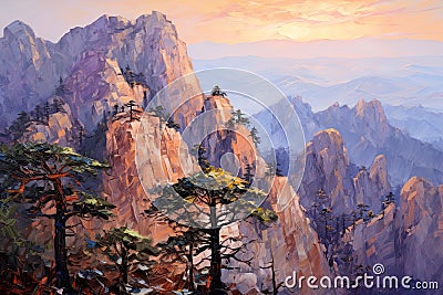 nature's grandeur with this canvas painting, featuring mountain peaks in a landscape of awe-inspiring beauty. Stock Photo