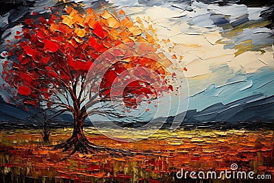 nature's harmony with this canvas painting featuring a colorful solitary tree in a vibrant landscape. Stock Photo