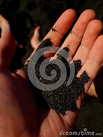 Nature`s jewelry in action on the black igneous sand beach of Canary Islands Stock Photo