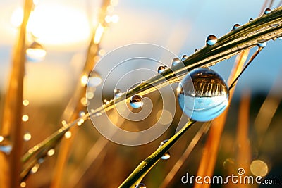 Nature's Jewels: Stunning Dew Drops on Wheat Blades Glistening in the Sun Stock Photo