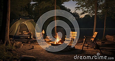 Nature's Lounge - A Campsite's Warm Embrace with Firelight and Restful Chairs. Generative AI Stock Photo