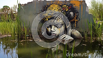 Nature's Reflection: A Dark Gold And Gray Street Art Mural Stock Photo