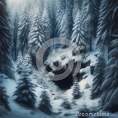 Nature's Secret Sanctuary: Winter Cave in the Forest Stock Photo