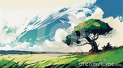 Nature's Symphony: A Screen Printed Art Piece of a Calm Grassy Field with Trees and Clouds Stock Photo