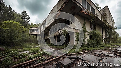 Nature's Takeover. Post-apocalyptic setting where nature prevails Stock Photo