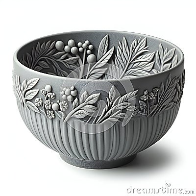 Nature's Touch: Leaf-Patterned Gray Ceramic Bowl, Generative AI. Stock Photo