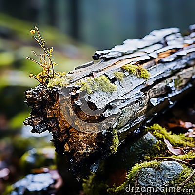 Nature's vibrant green moss envelops an aged log Stock Photo