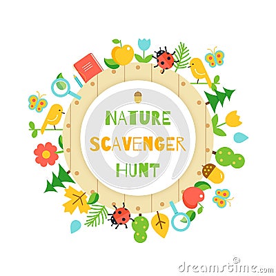 Nature Scavenger Hunt. Kids Game Poster Vector Illustration