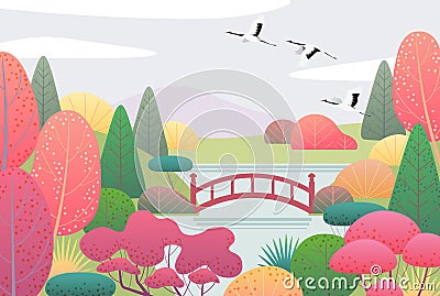 Nature Scene with Flying Cranes and Japanese Garden Vector Illustration