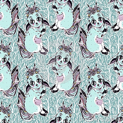 Nature seamless pattern background with cute forest baby fox fantasy spirit cub. Wild Kitsune with many tails and trees. Vector Illustration