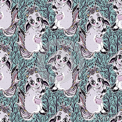 Nature seamless pattern background with cute forest baby fox fantasy spirit cub. Wild Kitsune with many tails and trees. Vector Illustration