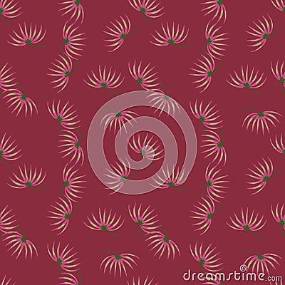 Nature seamless pattern with little random tropic bush elements. Pink background. Simple stylistic Vector Illustration