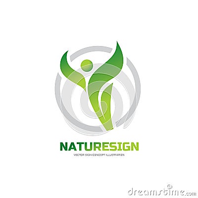 Nature sign - vector logo concept illustration. Abstract human character and green leaves. Health symbol Vector Illustration