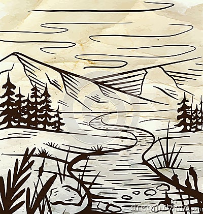 Nature sketch of a meadow with a river, mountains and firs on old paper. Tranquil peaceful wild landscape on parchment. Vector ink Vector Illustration