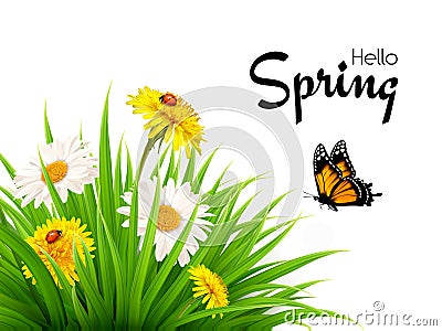 Nature spring background with grass, flowers and butterflies. Vector Illustration