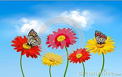 Nature spring gerber flowers with butterflies Vector Illustration