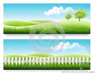 Nature summer banners with green grass and blue sky. Vector Illustration