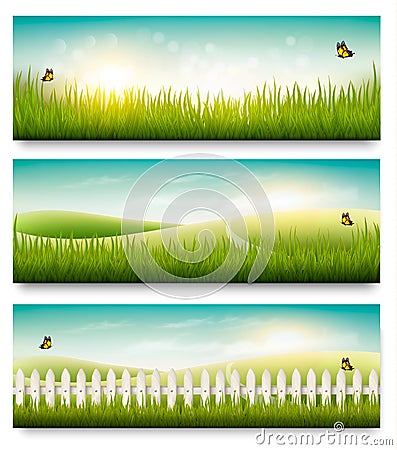 Nature summer banners with green grass and blue sky. Vector Illustration