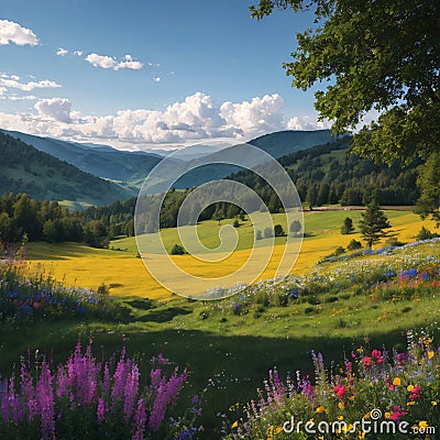 nature, summer landscape in carpathian mountains, wildflowers and meadow, spruces on hills, beautiful cloudy Stock Photo