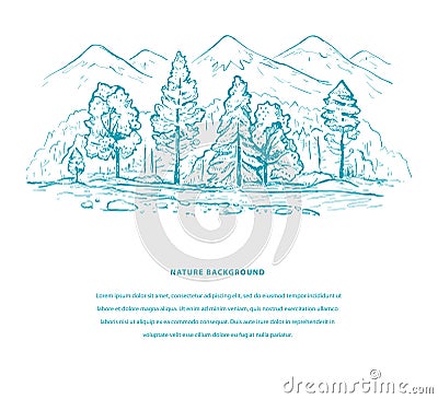 Nature tourism template with mountains, forest, river and space for your text. Sketch design in blue color Vector Illustration