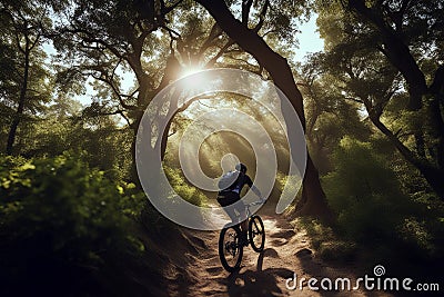 On Nature Trail - Mountain Bike Rider Through Forest, created with Generative AI technology Stock Photo