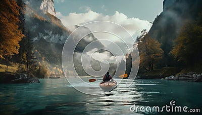 nature travel scenic outdoors landscape lake water river boat person. Generative AI. Stock Photo