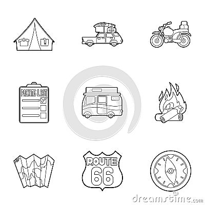 Nature trip icons set, outline style Vector Illustration