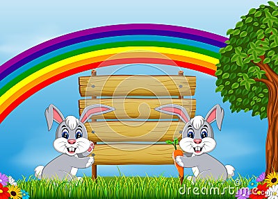 The nature view with the wooden board blank space and the rabbits holding the carrot Vector Illustration