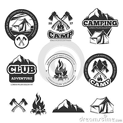 Nature vintage labels set for scout camp. Camping badges with tourist tent. Adventure vector illustrations Vector Illustration