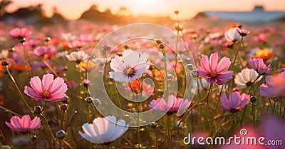 blooming field violet green sunset background meadow pink beautiful flower nature. Generative AI. Stock Photo