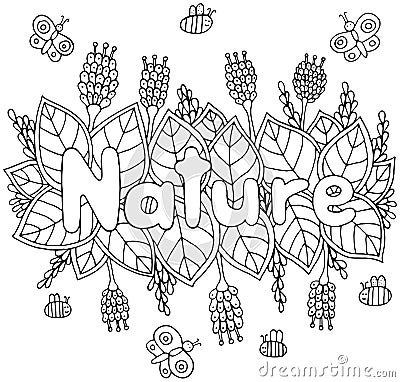 Nature word - coloring page for adults and children. Doodle cart Vector Illustration