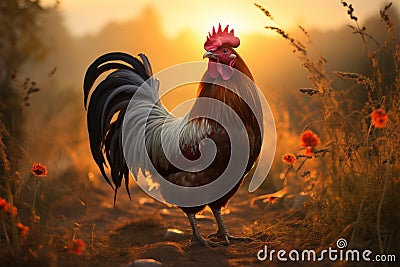Natures alarm a proud rooster stands tall in the meadow Stock Photo