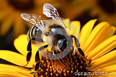 Natures beauty Closeup bumblebee on a sunflower Stock Photo