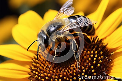 Natures beauty Closeup bumblebee on a sunflower Stock Photo