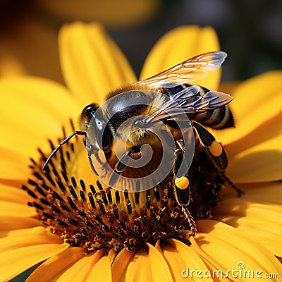 Natures beauty Closeup bumblebee on a sunflower Stock Photo