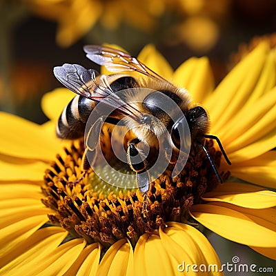 Natures beauty Closeup bumblebee on a sunflower Stock Photo