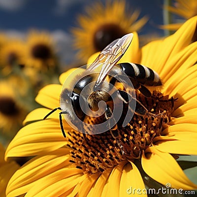 Natures beauty Closeup bumblebee on a sunflower Stock Photo