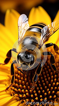 Natures beauty Closeup bumblebee on a sunflower Stock Photo