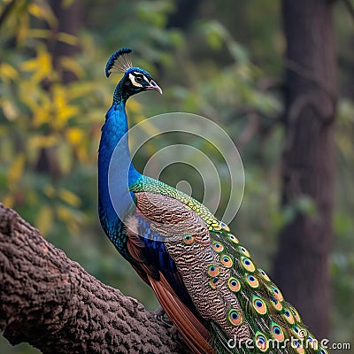 Natures beauty a peacock displays its grandeur on a tree Stock Photo