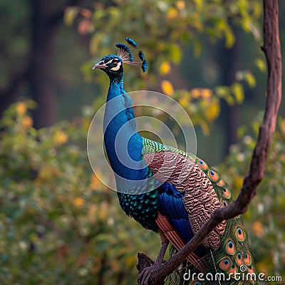 Natures beauty a peacock displays its grandeur on a tree Stock Photo