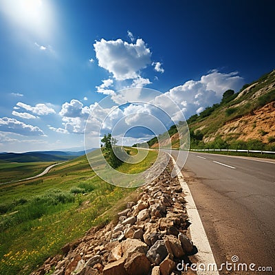 Natures beauty Road ascending towards hill under a sunny sky Stock Photo