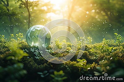 Natures embrace Globe amidst lush forest bathed in sunlight Stock Photo