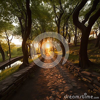 Natures embrace Sunset lit alley, a serene forest path journey Stock Photo