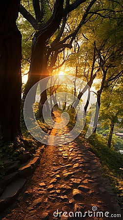 Natures embrace Sunset lit alley, a serene forest path journey Stock Photo