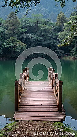 Natures harmony Bridge against a scenic lake at Pang Oung Stock Photo
