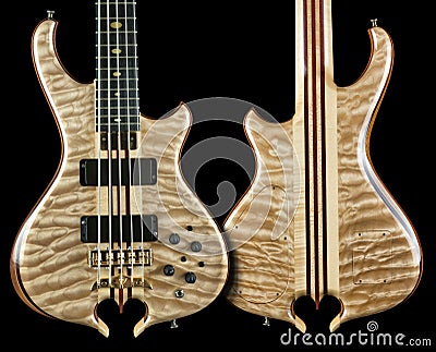 Front and Back of Prime Example of Highly Figured Quilted Maple Wood on Handmade Electric Bass Guitar Stock Photo